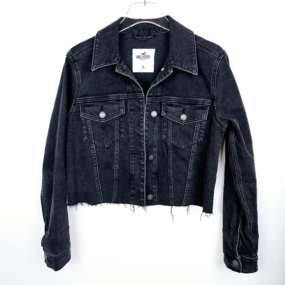 Hollister Washed Out Black Semi-Cropped Frayed Denim Jean Jacket - Picture 1 of 8
